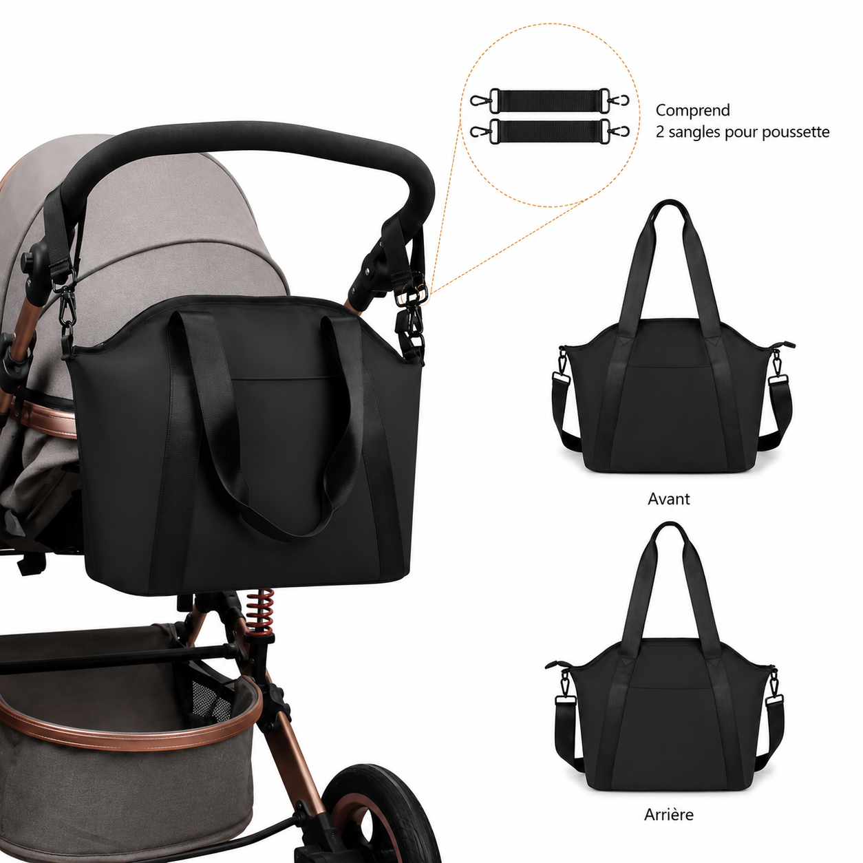 Sac à langer cabas élégant coloris noir