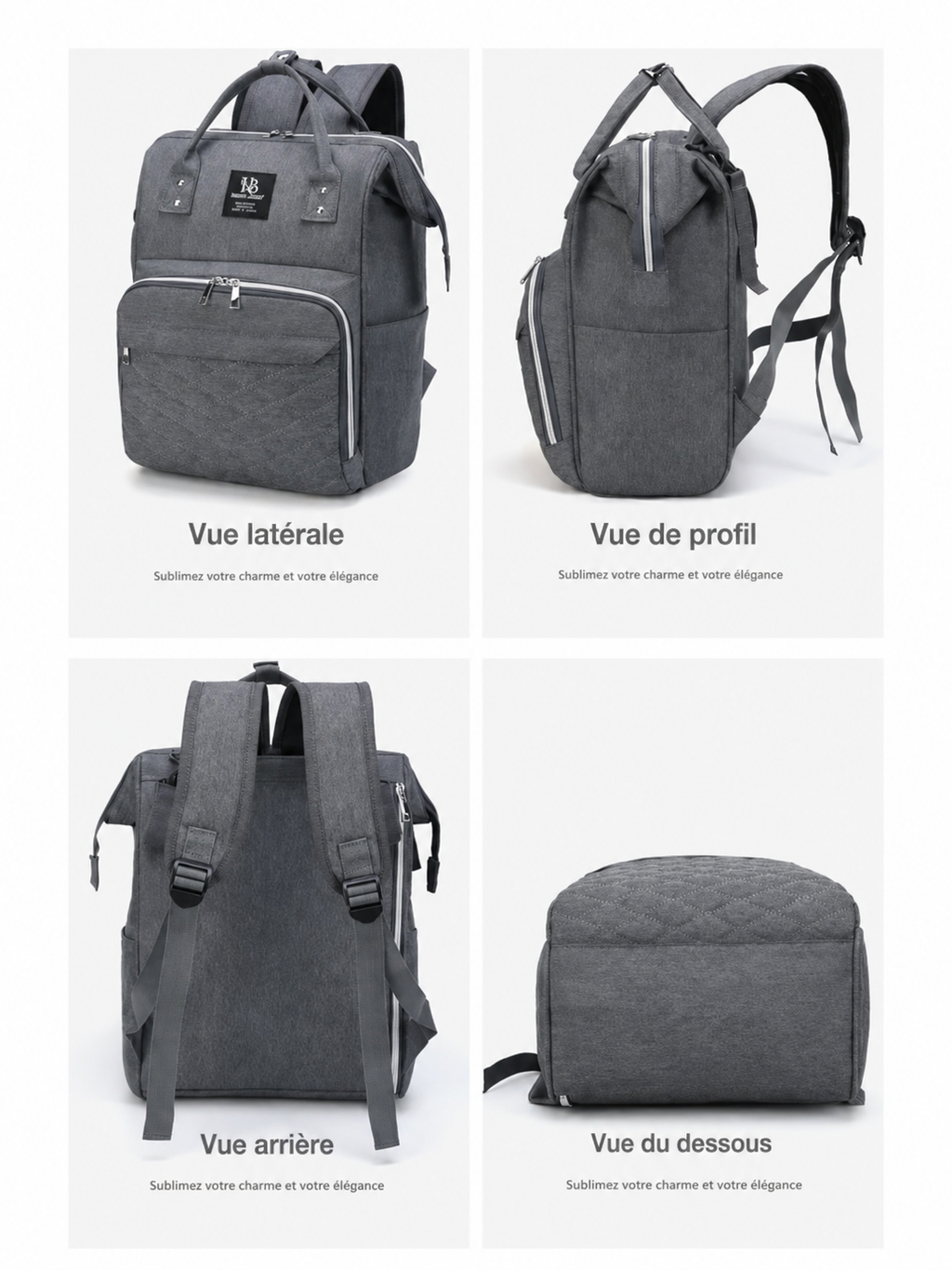 Sac à dos à langer noir présenté sous plusieurs angles