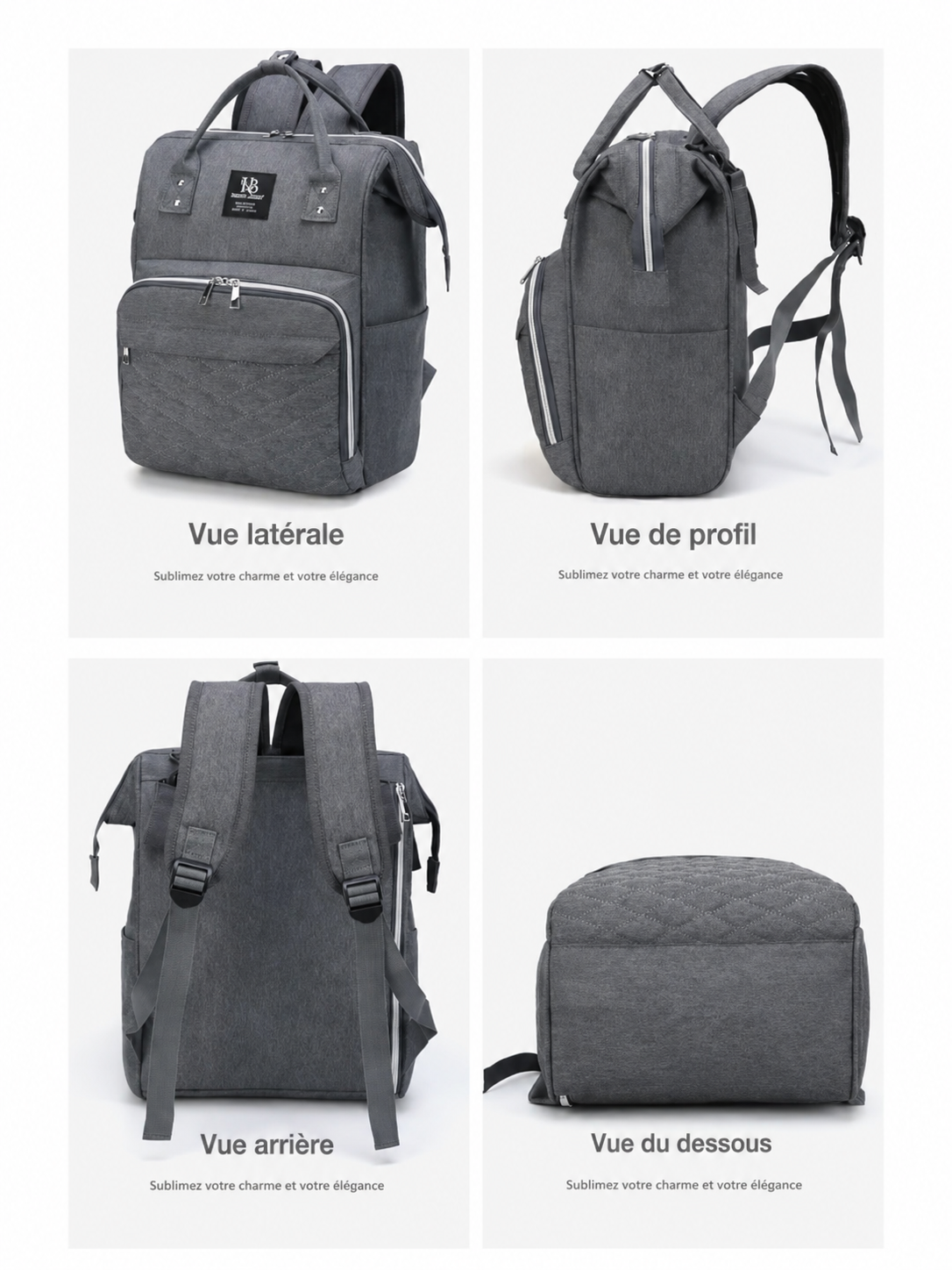 Sac à dos à langer noir présenté sous plusieurs angles
