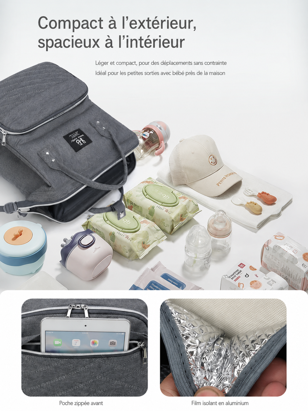 Compartiment pour tablette ou ordinateur dans un sac à langer gris avec poche isolée pour biberon