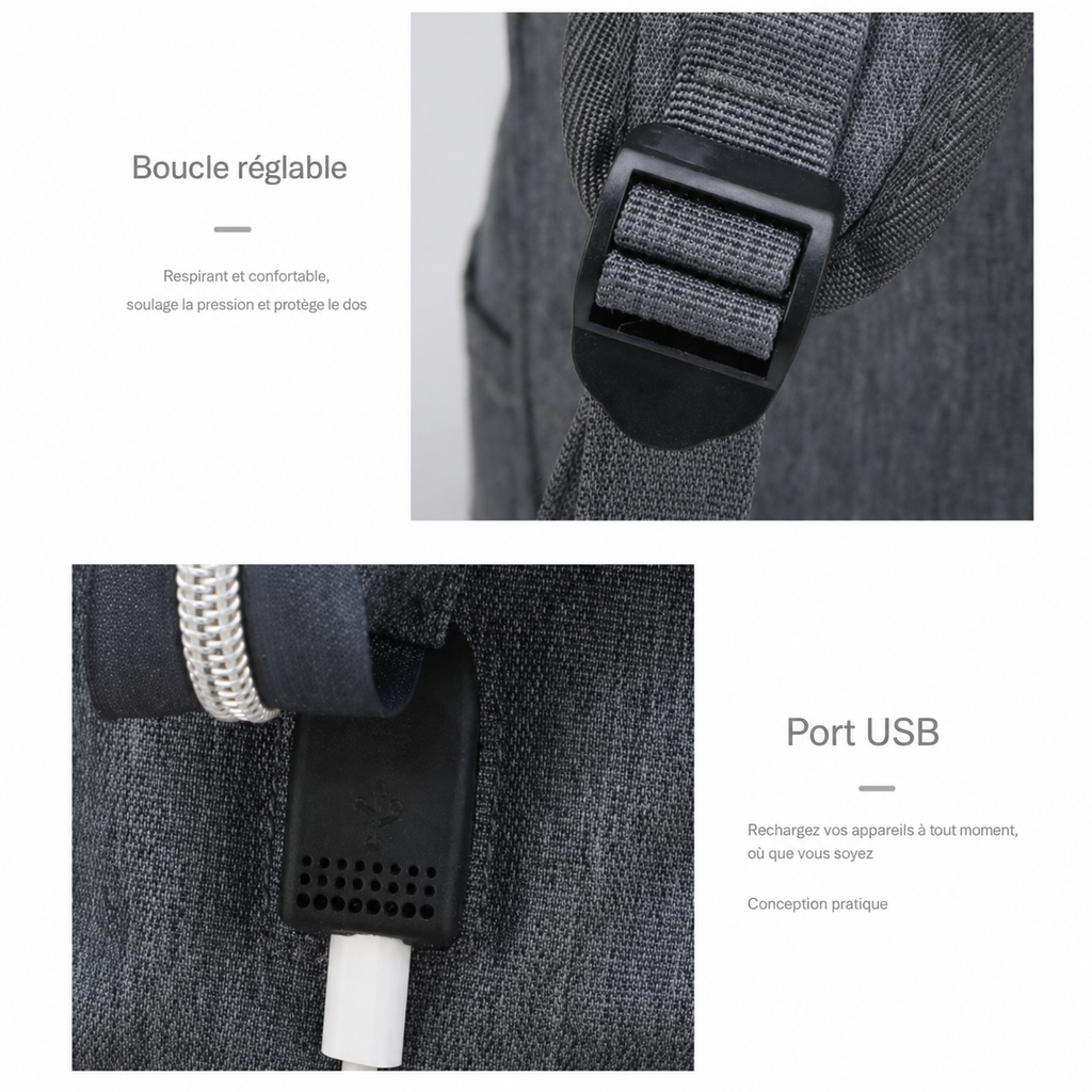 port USB intégré sur sac à dos à langer avec batterie externe non fournie