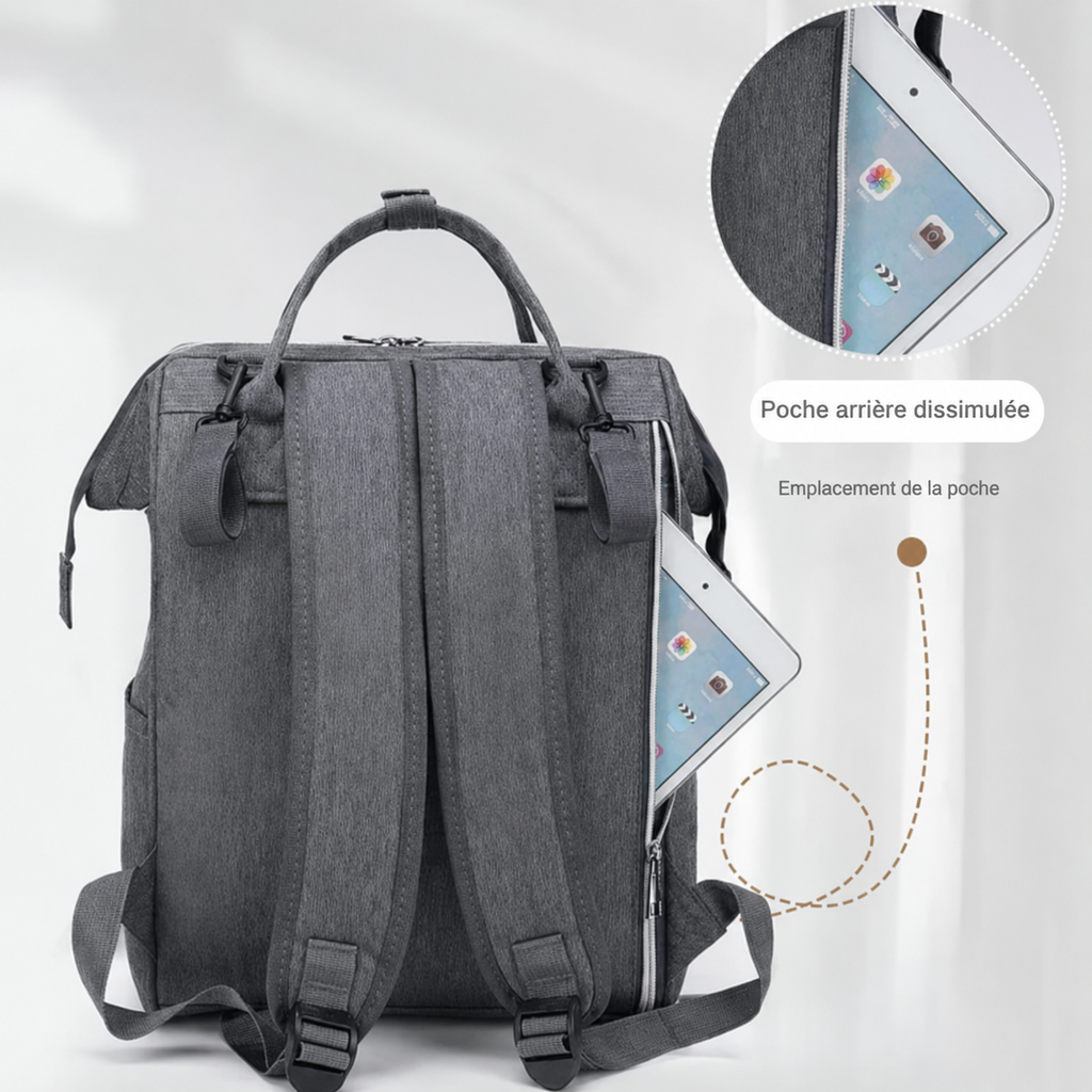 Compartiment pour tablette ou ordinateur dans un sac à langer gris