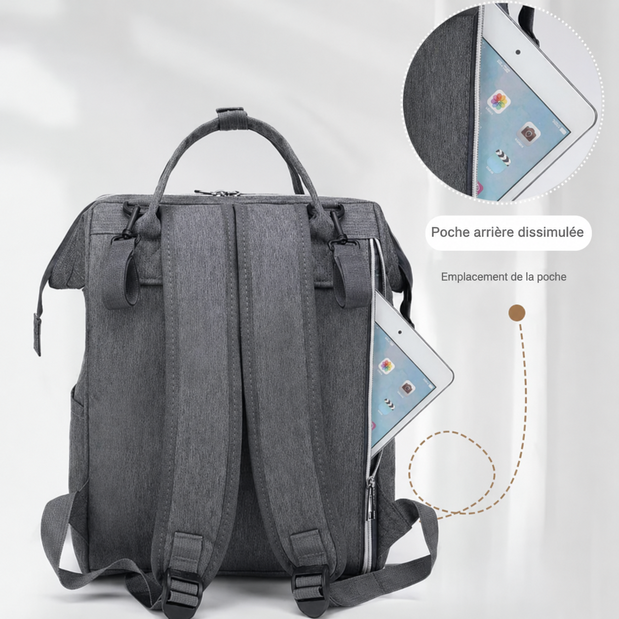 Compartiment pour tablette ou ordinateur dans un sac à langer gris